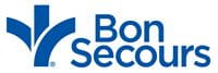 Bon Secour logo made up of a simple stylize fluer de li and the letters Bon Secours in dark blue